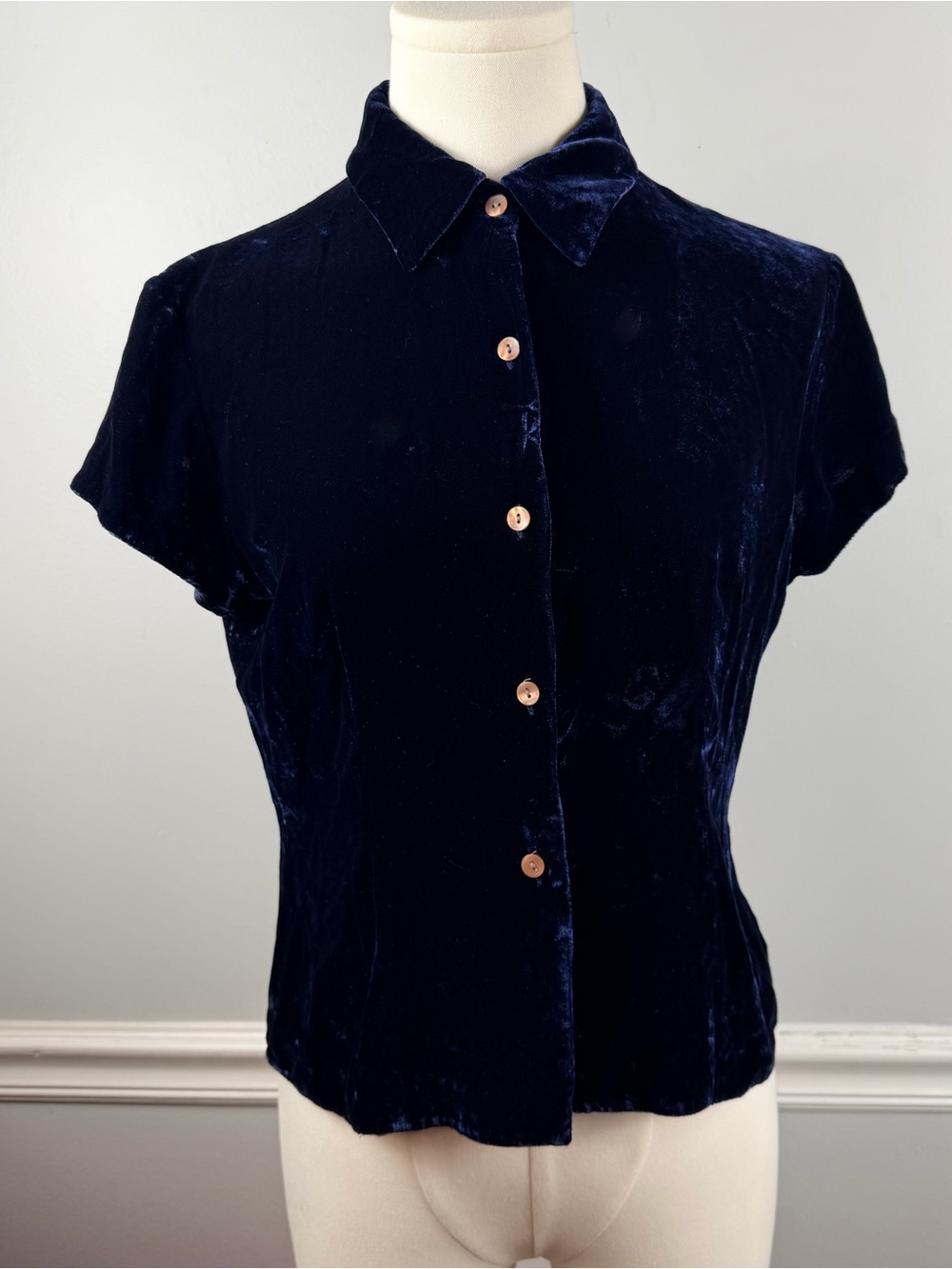 Vintage 90s Ann Taylor Loft Navy blue velvet button up blouse size S